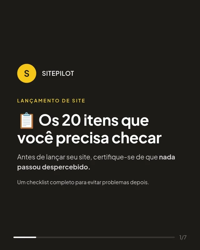 Carrossel com checklist de lançamento de site